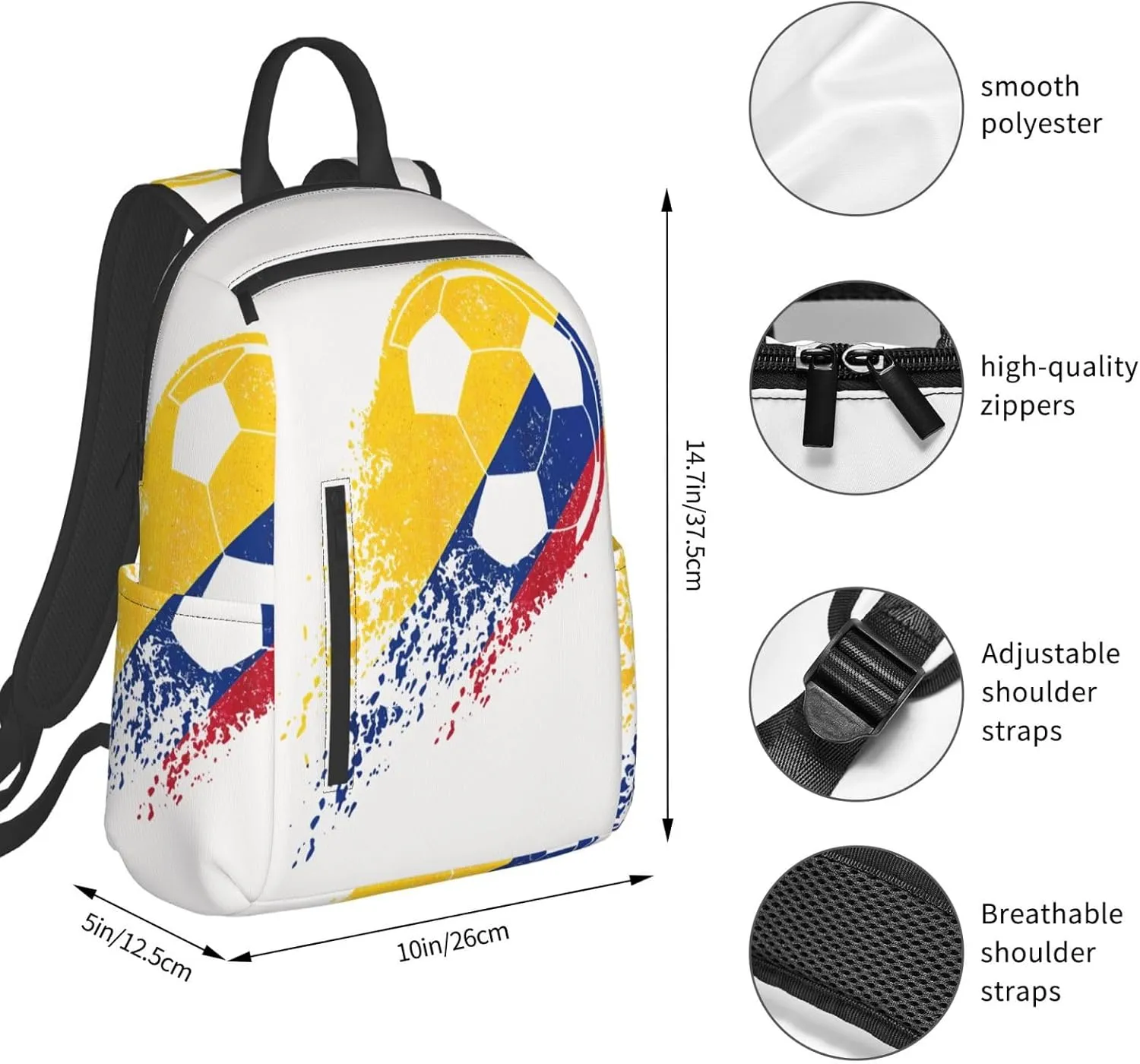 Colombia Soccer Colombian Flag Pride Soccer Player Casual Backpacks Large Capacity Laptop Backpack Sports Fitness Rucksack Travel Carry-On Daypack Work Bag for Outdoor Camping