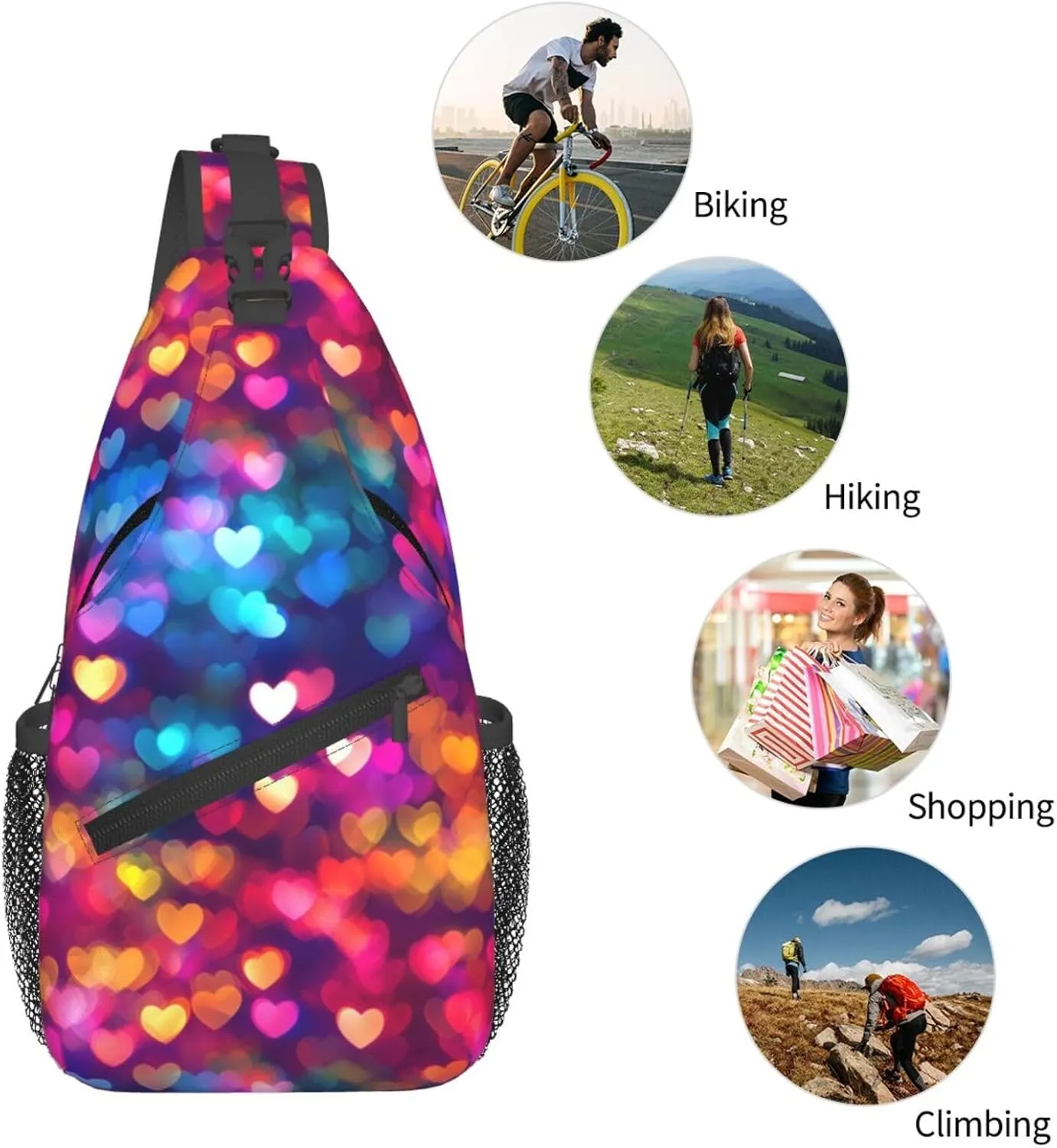 Colorful Hearts Crossbody Sling Bag For Women Men Adjustable Valentines Day Chest Bag Shoulder Bag Sling Backpack Daypack For Sport Travel Hiking