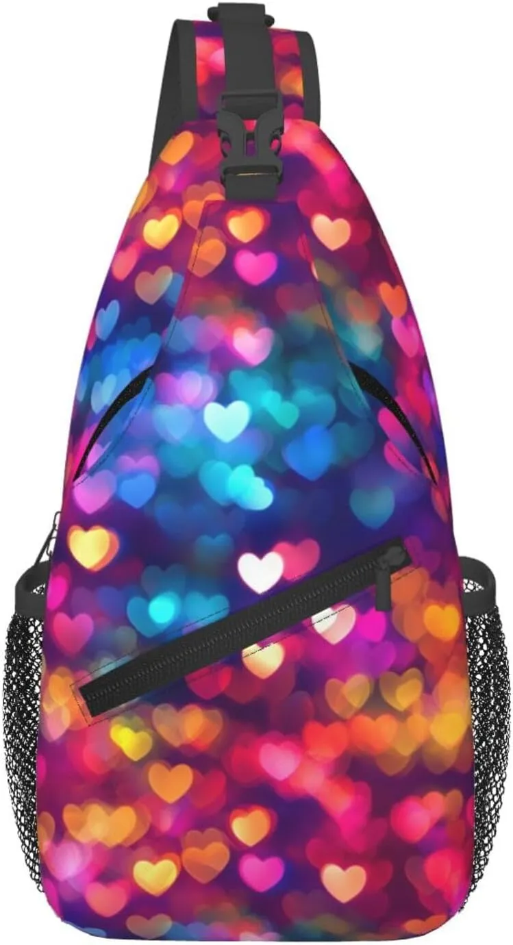 Colorful Hearts Crossbody Sling Bag For Women Men Adjustable Valentines Day Chest Bag Shoulder Bag Sling Backpack Daypack For Sport Travel Hiking