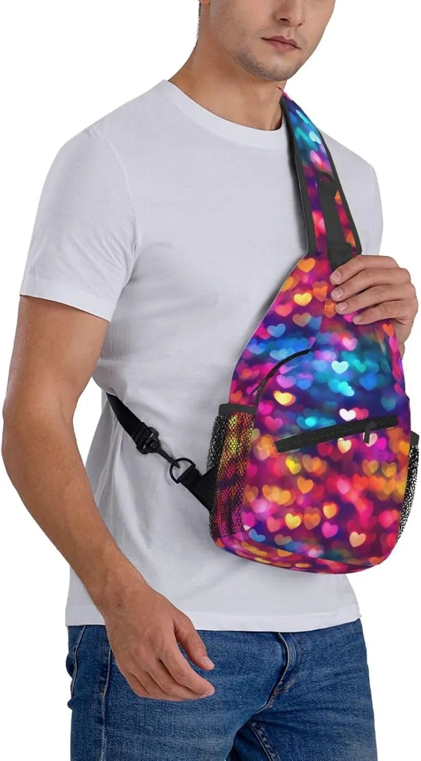 Colorful Hearts Crossbody Sling Bag For Women Men Adjustable Valentines Day Chest Bag Shoulder Bag Sling Backpack Daypack For Sport Travel Hiking