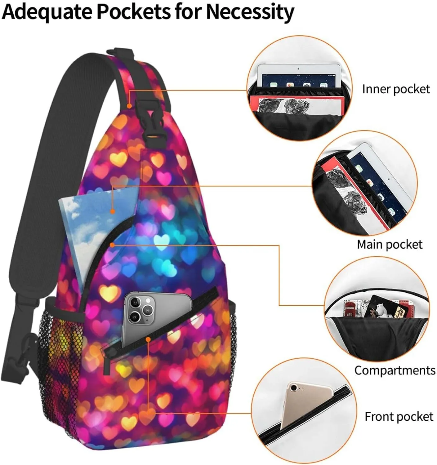 Colorful Hearts Crossbody Sling Bag For Women Men Adjustable Valentines Day Chest Bag Shoulder Bag Sling Backpack Daypack For Sport Travel Hiking