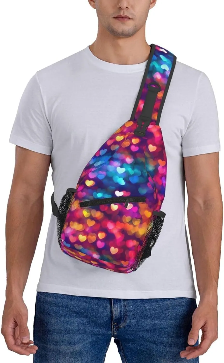 Colorful Hearts Crossbody Sling Bag For Women Men Adjustable Valentines Day Chest Bag Shoulder Bag Sling Backpack Daypack For Sport Travel Hiking