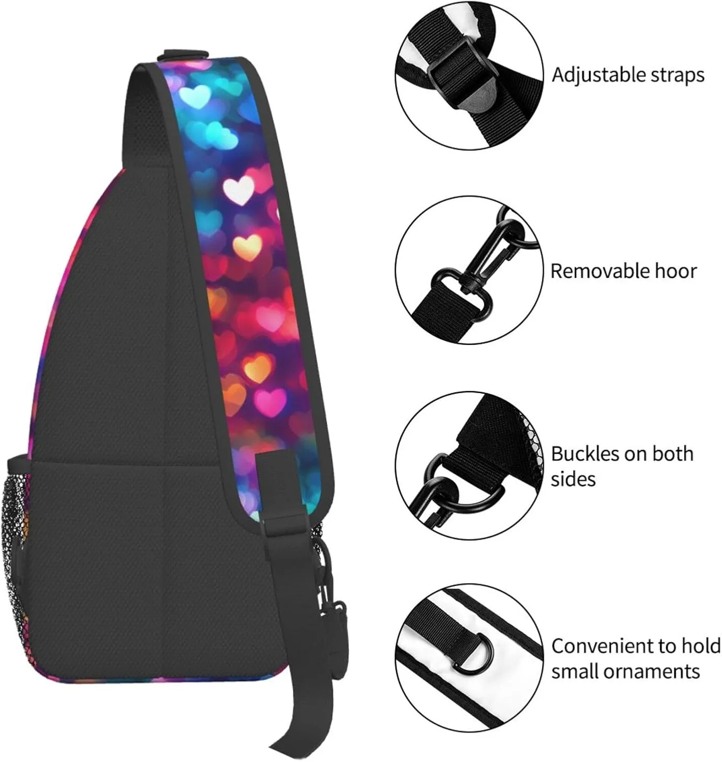 Colorful Hearts Crossbody Sling Bag For Women Men Adjustable Valentines Day Chest Bag Shoulder Bag Sling Backpack Daypack For Sport Travel Hiking