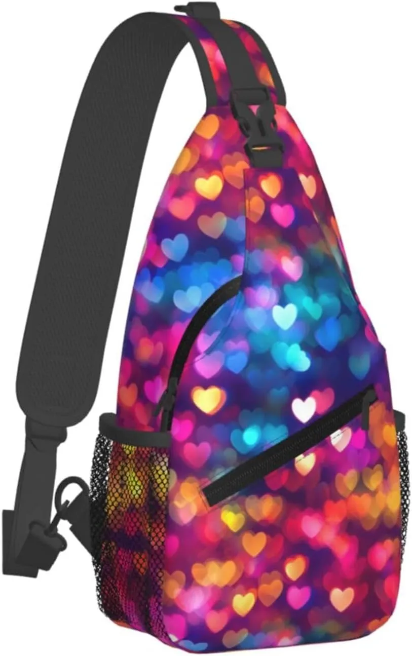 Colorful Hearts Crossbody Sling Bag For Women Men Adjustable Valentines Day Chest Bag Shoulder Bag Sling Backpack Daypack For Sport Travel Hiking