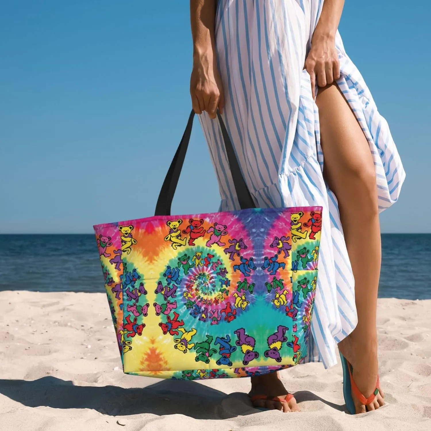 Colorful Rainbow Stars Large Capacity Beach Travel Bag - Waterproof Zipper Vacation Tote for Sandproof Storage, and Camping