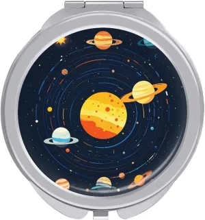 Compact Travel Makeup Mirror Small Handheld Combination of Solar System Planets And Solar Pictograms Pocket Mirror 1X/2X 2-Sided Magnification Mirror Folding Vanity Mirror for Purse Handbag Gift