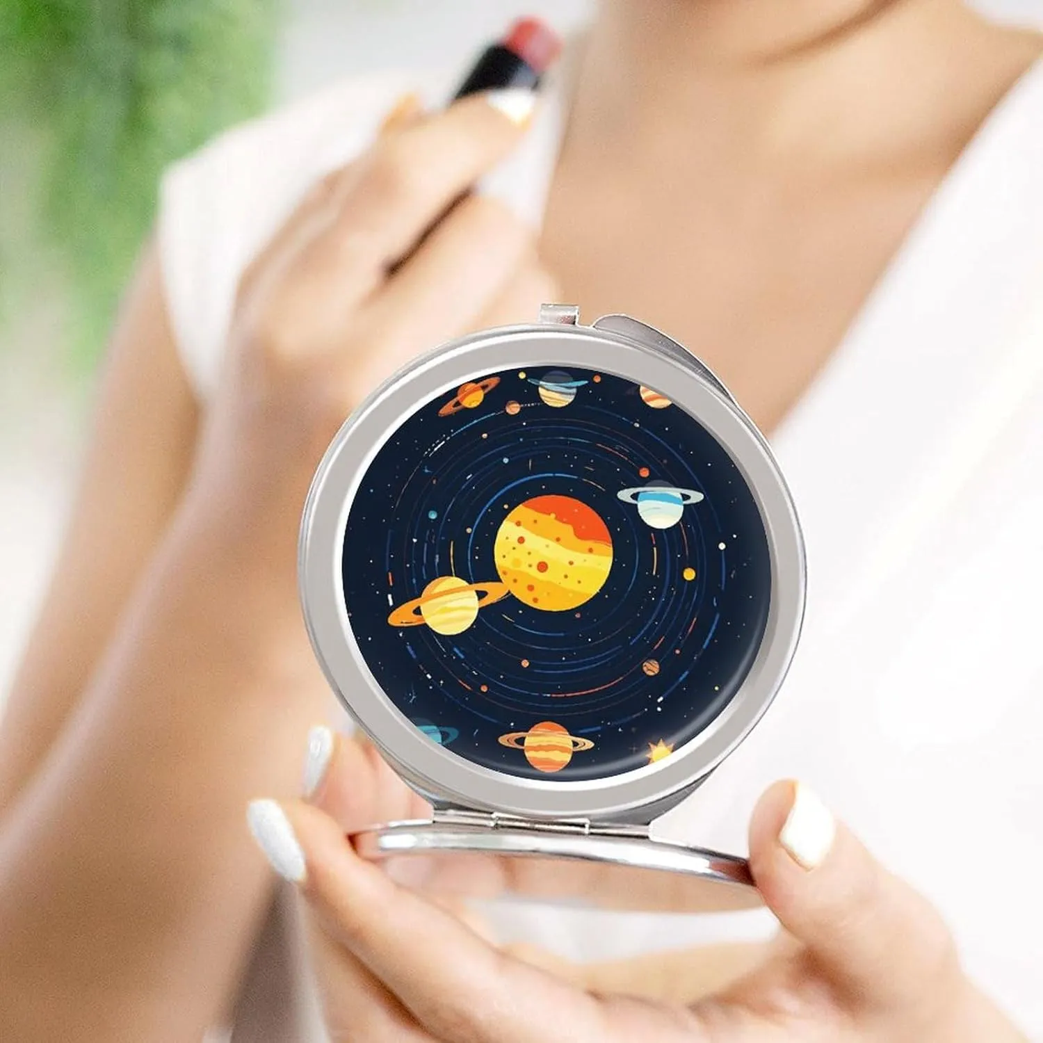 Compact Travel Makeup Mirror Small Handheld Combination of Solar System Planets And Solar Pictograms Pocket Mirror 1X/2X 2-Sided Magnification Mirror Folding Vanity Mirror for Purse Handbag Gift