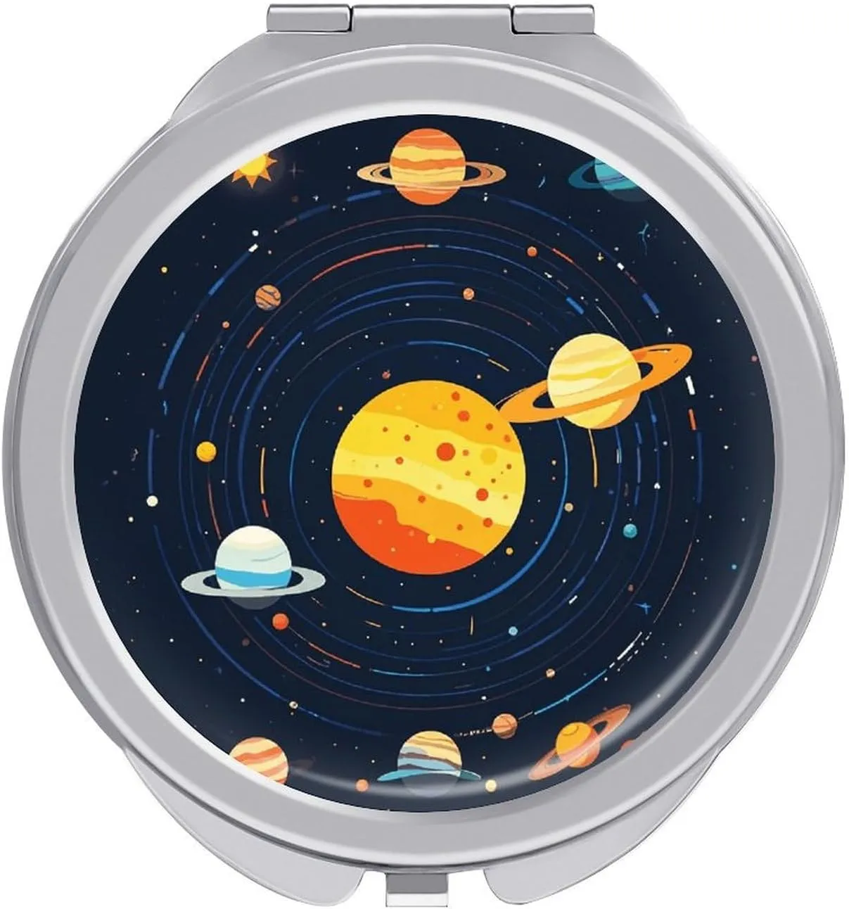Compact Travel Makeup Mirror Small Handheld Combination of Solar System Planets And Solar Pictograms Pocket Mirror 1X/2X 2-Sided Magnification Mirror Folding Vanity Mirror for Purse Handbag Gift
