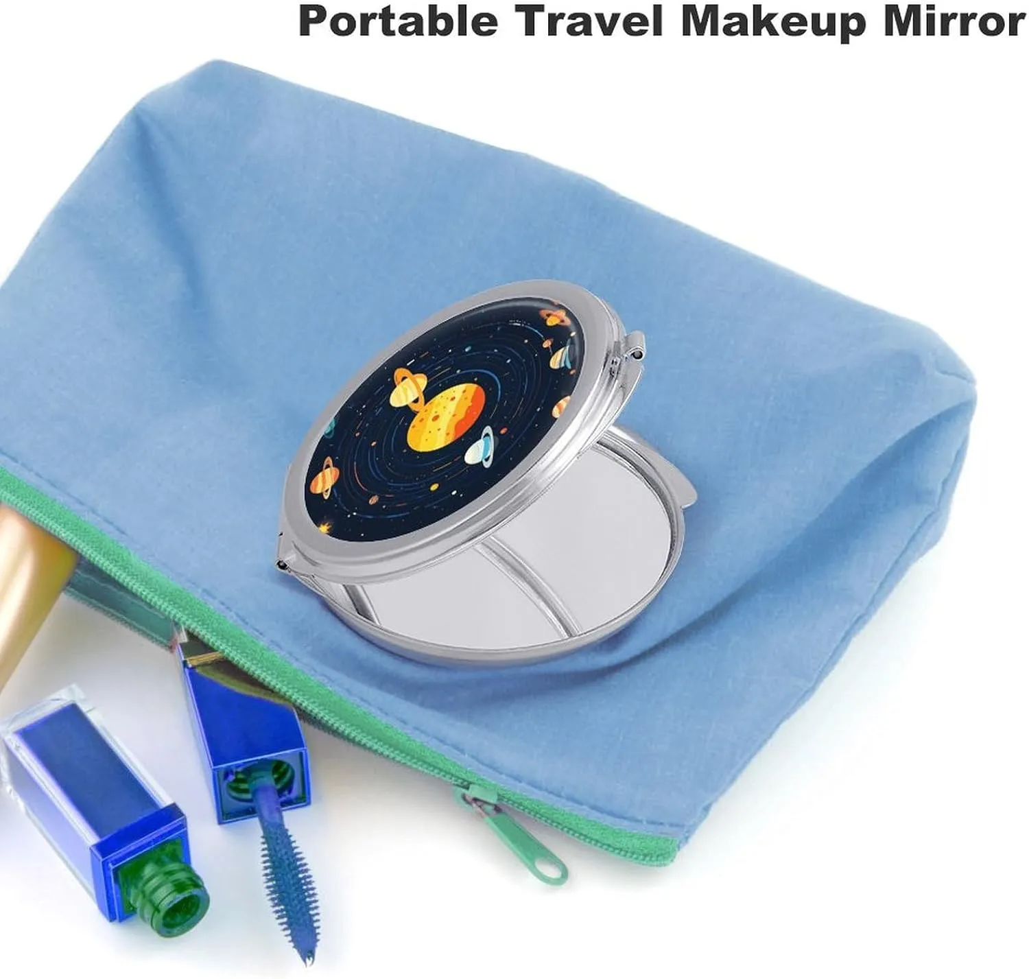 Compact Travel Makeup Mirror Small Handheld Combination of Solar System Planets And Solar Pictograms Pocket Mirror 1X/2X 2-Sided Magnification Mirror Folding Vanity Mirror for Purse Handbag Gift