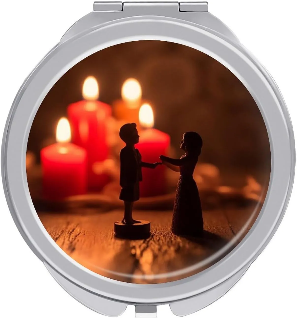 Compact Travel Makeup Mirror Small Handheld Couple Wood Carving Pocket Mirror 1X/2X 2-Sided Magnification Mirror Folding Vanity Mirror for Purse Handbag Gift