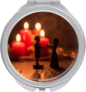 Compact Travel Makeup Mirror Small Handheld Couple Wood Carving Pocket Mirror 1X/2X 2-Sided Magnification Mirror Folding Vanity Mirror for Purse Handbag Gift