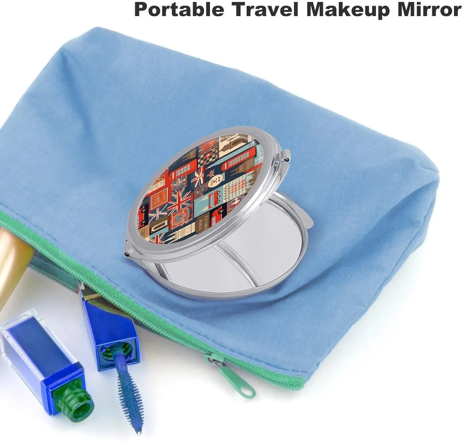 Compact Travel Makeup Mirror Small Handheld England Symbols Pocket Mirror 1X/2X 2-Sided Magnification Mirror Folding Vanity Mirror for Purse Handbag Gift