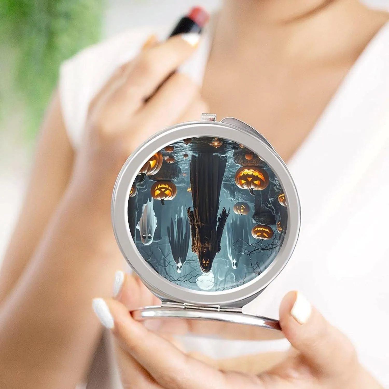 Compact Travel Makeup Mirror Small Handheld Grim Reaper Pocket Mirror 1X/2X 2-Sided Magnification Mirror Folding Vanity Mirror for Purse Handbag Gift