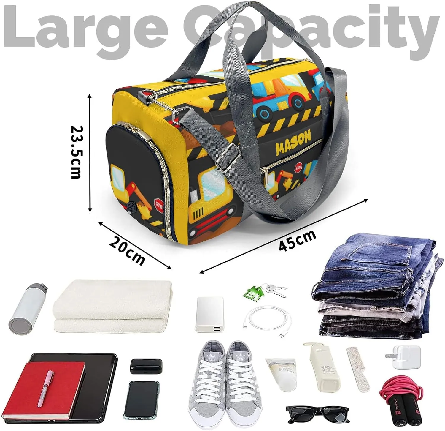 Construction Machinery Cute Personalized Duffel Bag,Custom Travel Gym Bag with Name,Waterproof Sports Overnight Bag with Shoe Compartment & Shoulder Strap