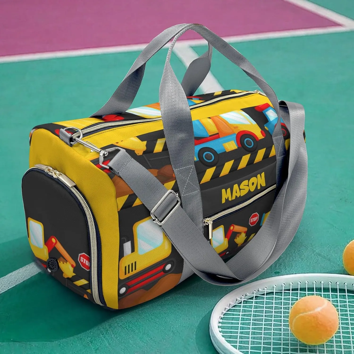Construction Machinery Cute Personalized Duffel Bag,Custom Travel Gym Bag with Name,Waterproof Sports Overnight Bag with Shoe Compartment & Shoulder Strap
