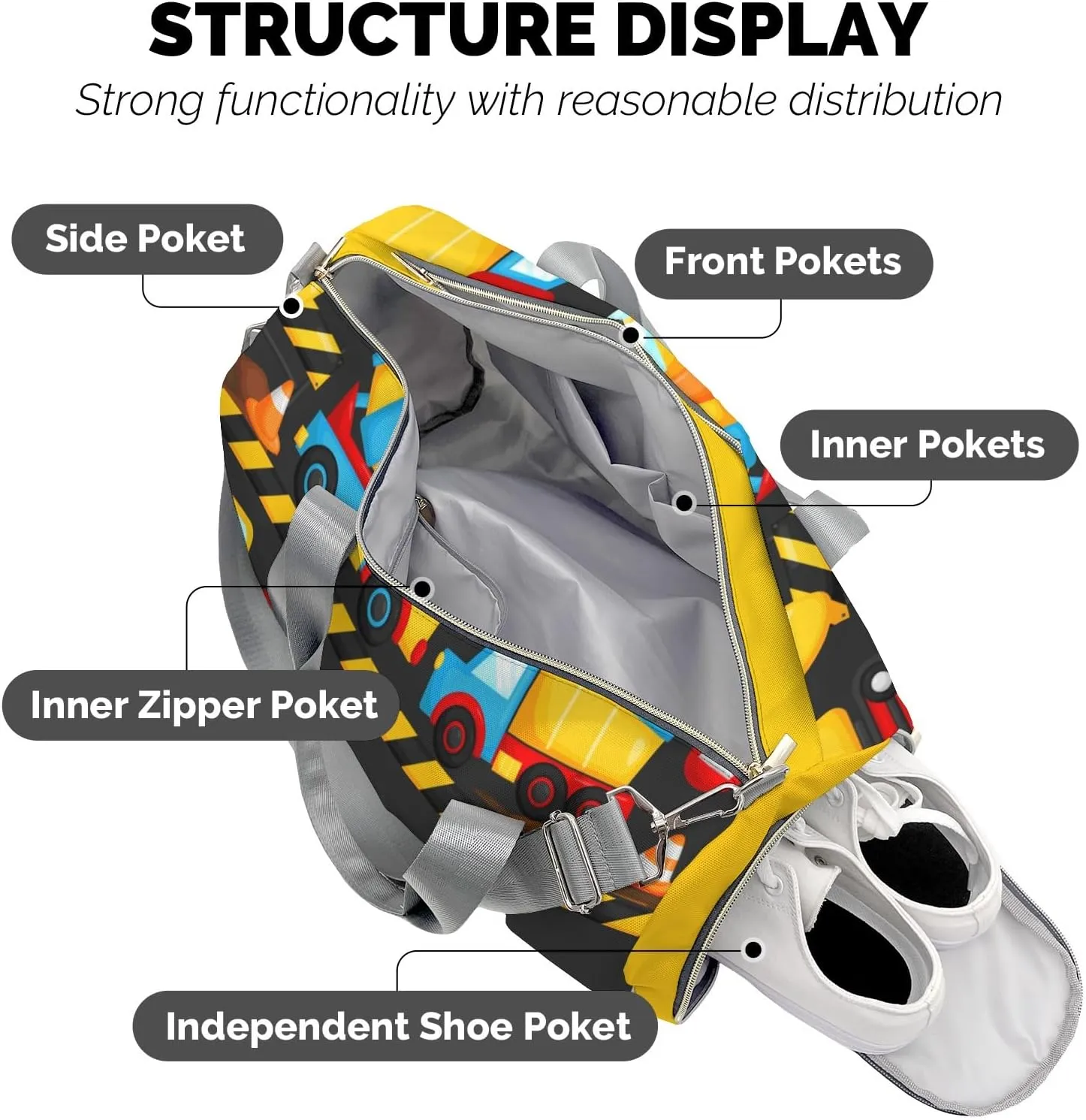 Construction Machinery Cute Personalized Duffel Bag,Custom Travel Gym Bag with Name,Waterproof Sports Overnight Bag with Shoe Compartment & Shoulder Strap