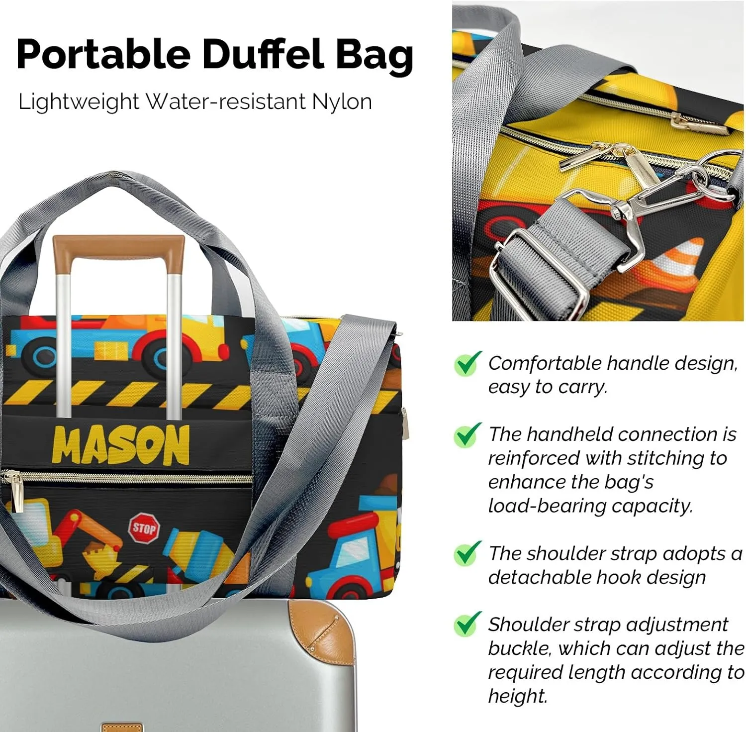 Construction Machinery Cute Personalized Duffel Bag,Custom Travel Gym Bag with Name,Waterproof Sports Overnight Bag with Shoe Compartment & Shoulder Strap