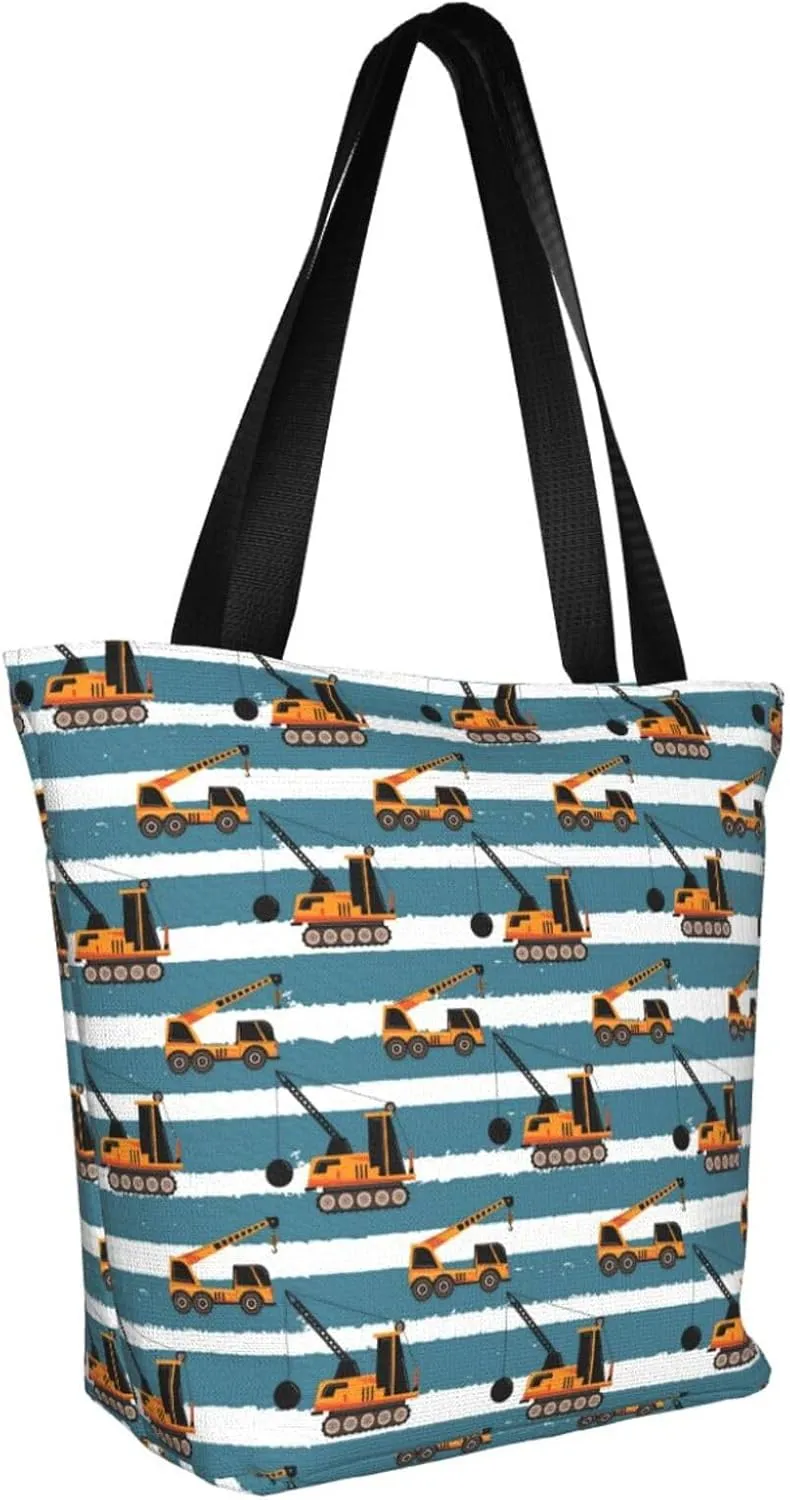 Construction Road Roller Truck Women's Tote Bag Lightweight Shopping Handbag Travel Shoulder Bag With Zipper