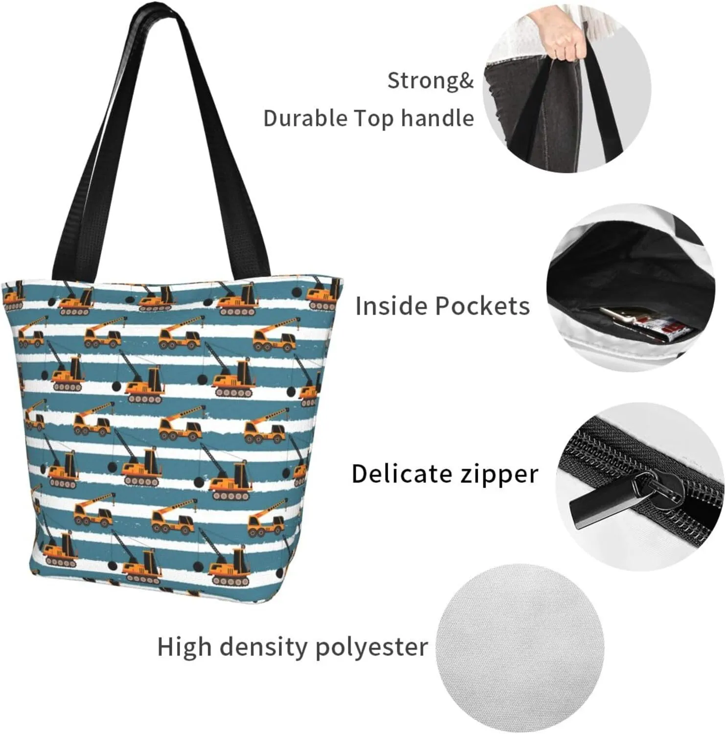 Construction Road Roller Truck Women's Tote Bag Lightweight Shopping Handbag Travel Shoulder Bag With Zipper