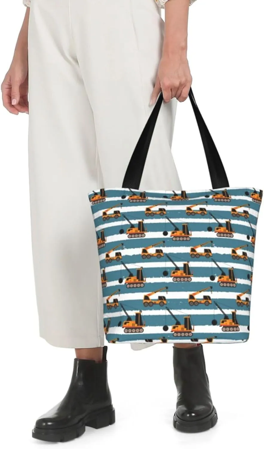 Construction Road Roller Truck Women's Tote Bag Lightweight Shopping Handbag Travel Shoulder Bag With Zipper
