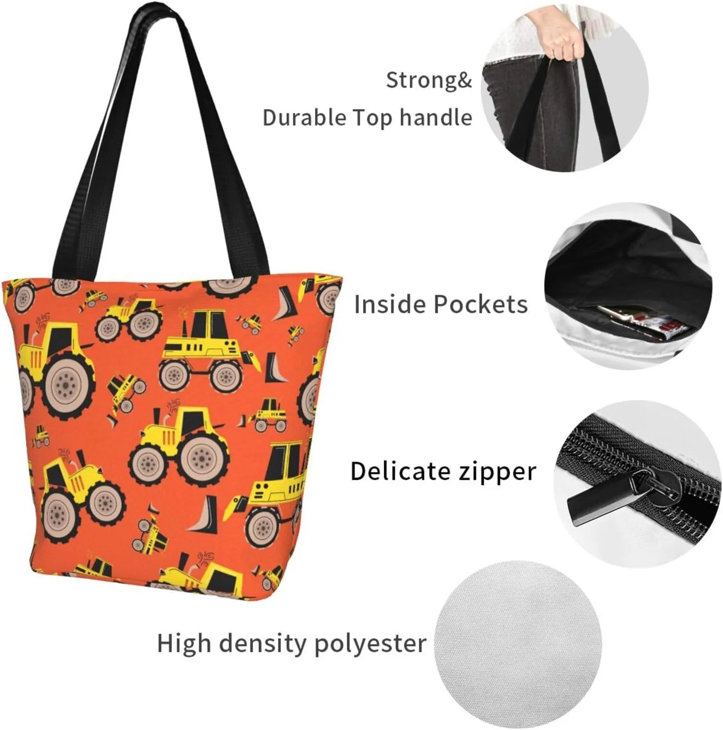 Construction Road Roller Truck Women's Tote Bag Lightweight Shopping Handbag Travel Shoulder Bag With Zipper