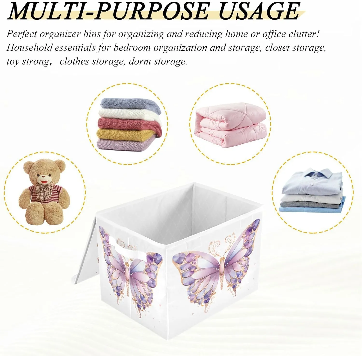 Containers Baskets with Lids Purple Butterfly Fabric Foldable Storage Bins Organizer with Lid Collapsible Storage Boxes for Home Bedroom Closet Office