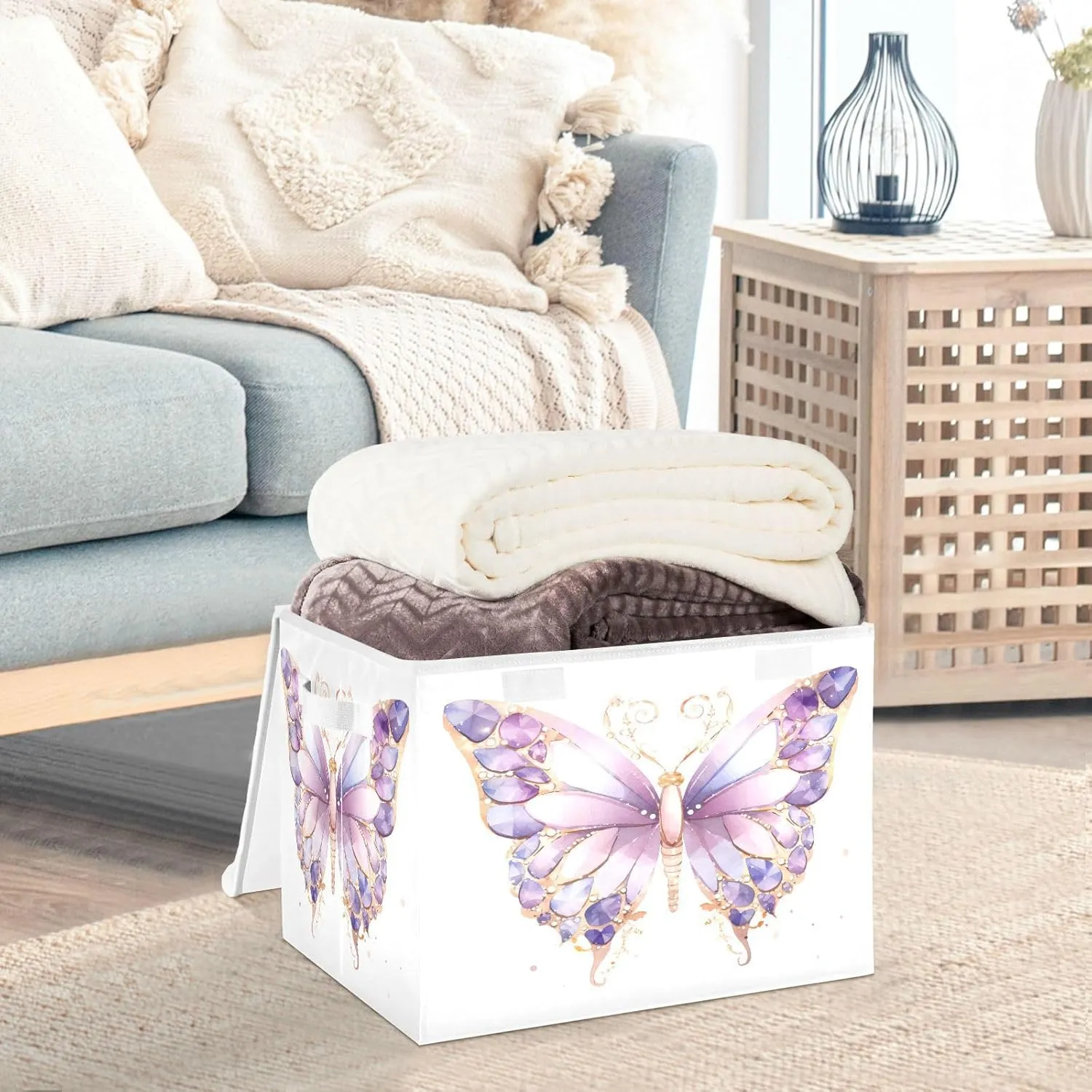 Containers Baskets with Lids Purple Butterfly Fabric Foldable Storage Bins Organizer with Lid Collapsible Storage Boxes for Home Bedroom Closet Office