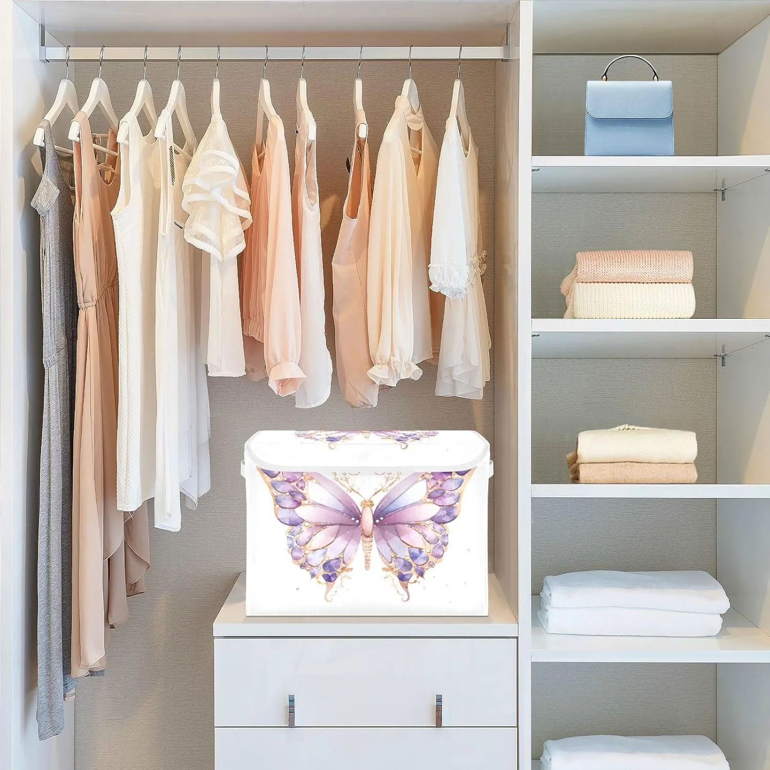Containers Baskets with Lids Purple Butterfly Fabric Foldable Storage Bins Organizer with Lid Collapsible Storage Boxes for Home Bedroom Closet Office