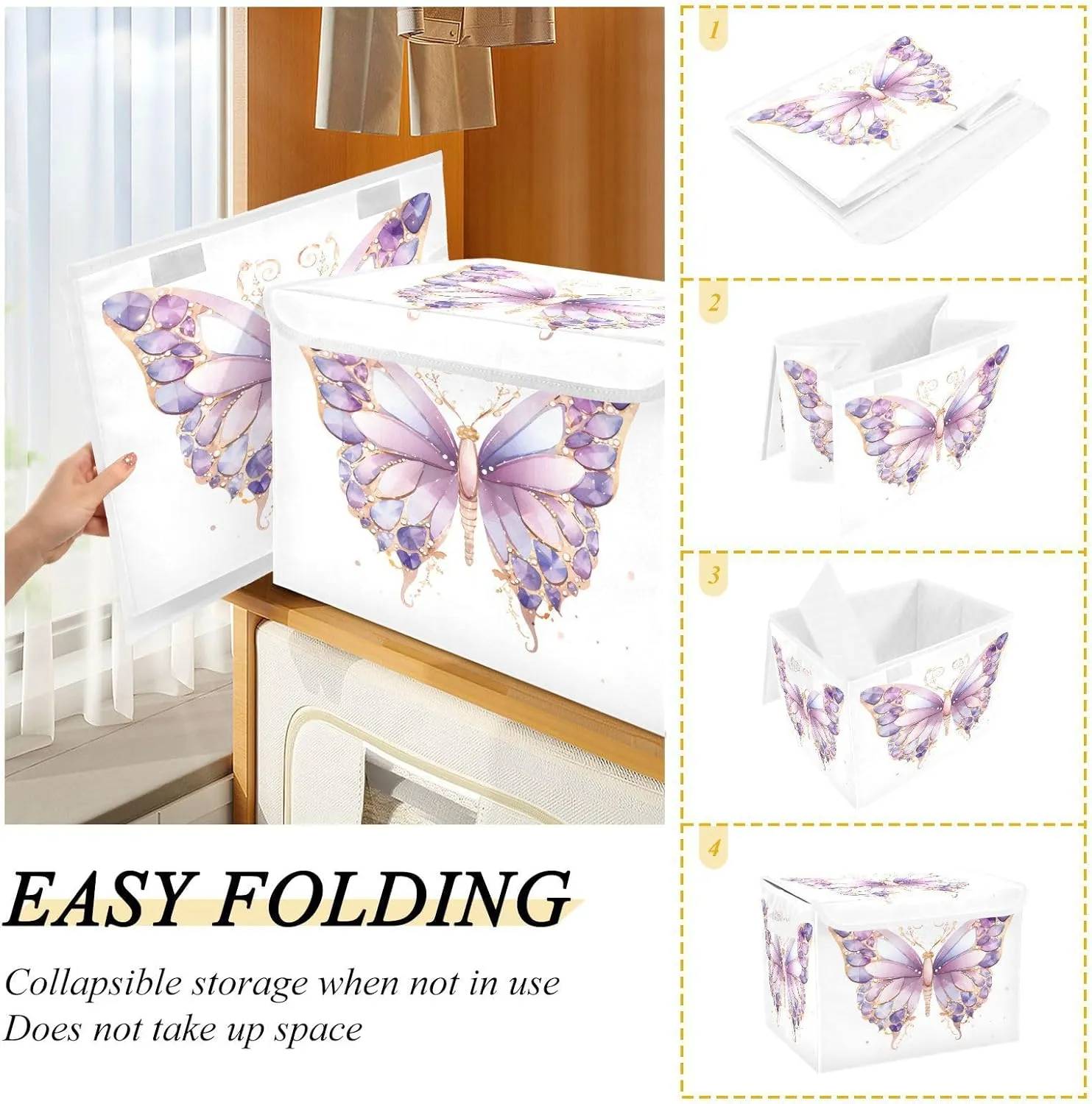 Containers Baskets with Lids Purple Butterfly Fabric Foldable Storage Bins Organizer with Lid Collapsible Storage Boxes for Home Bedroom Closet Office