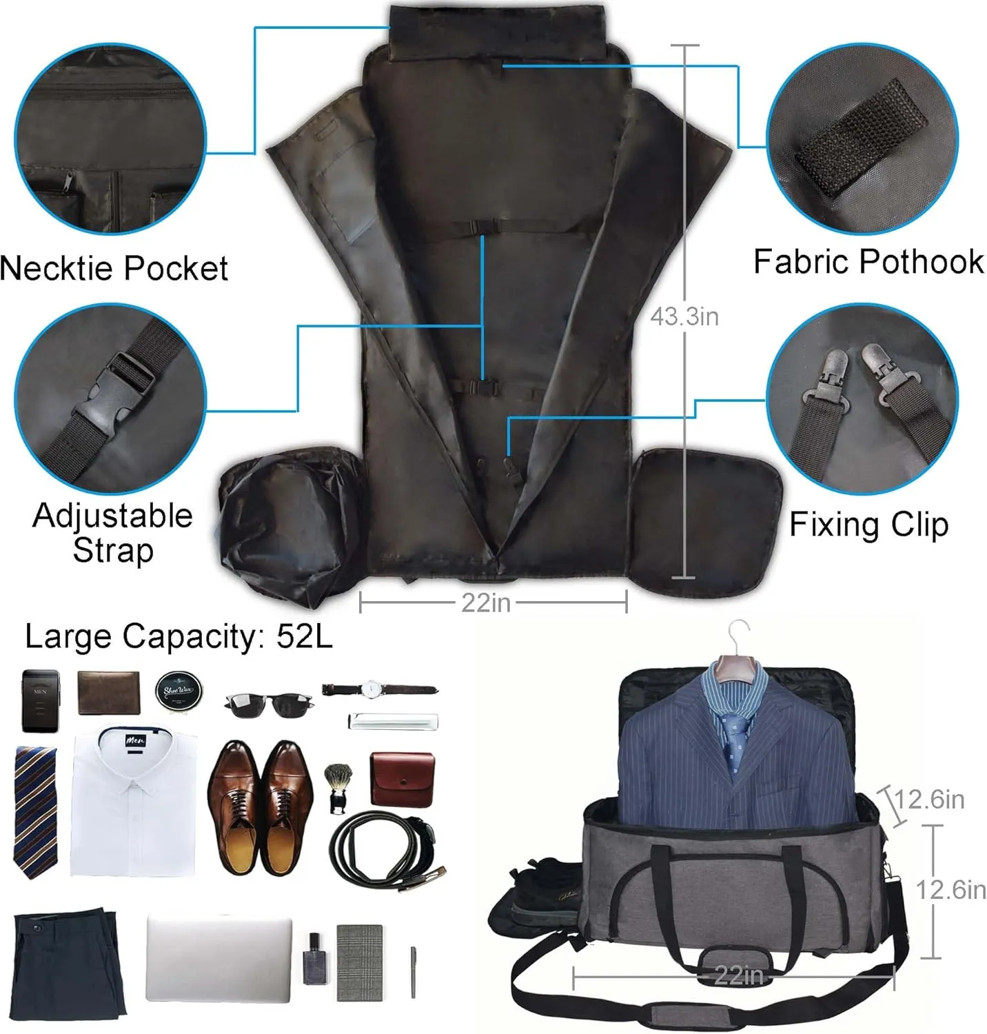 Convertible Duffle Garment Bag, Garment Duffle Bags for Travel, 4 in 1 Garment Bag with Shoulder Strap, Carry on Garment Duffel Bag for Men, Foldable Duffel Suit Bag for Business, Dark Grey