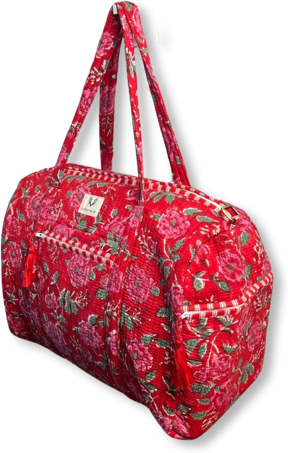 Cotton Weekender Duffel Bag- Hand Block Printed Travel Bag (Rosey Red)