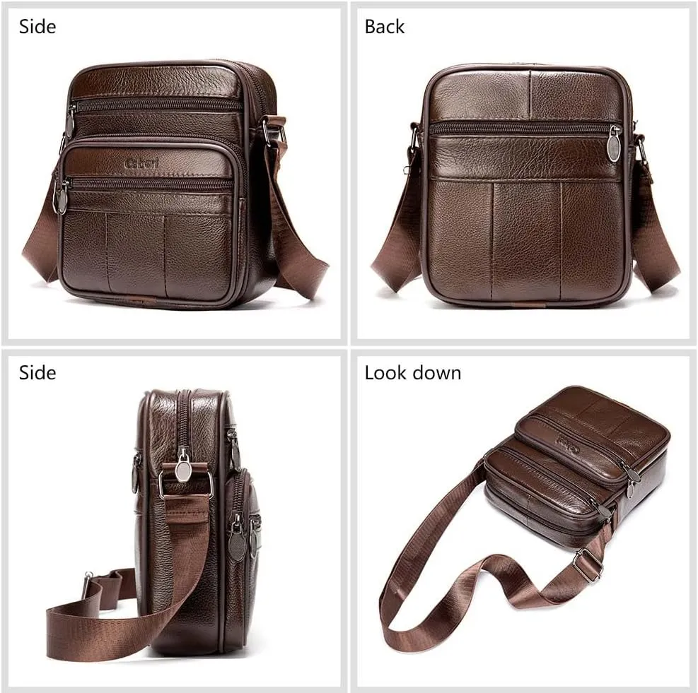 Cowhide Leather Messenger Bag For Men Travel Shoulder Crossbody Bag Waterproof Casual Sling Business Handbag