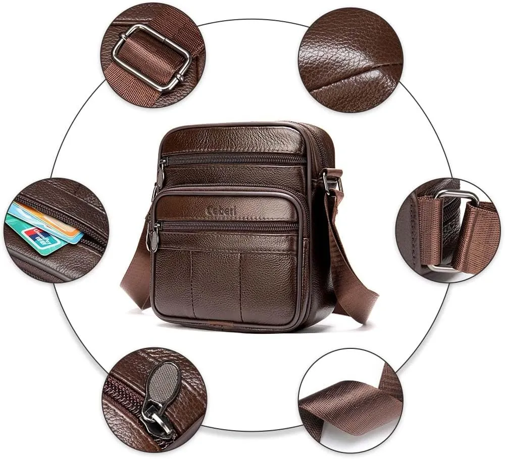 Cowhide Leather Messenger Bag For Men Travel Shoulder Crossbody Bag Waterproof Casual Sling Business Handbag