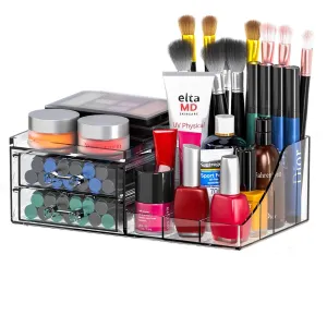Cq acrylic Clear Makeup Organizer - 2 Drawer Vanity Makeup Holder for Skincare, Hair Clip, Jewelry and Beauty Storage - 1 Pack