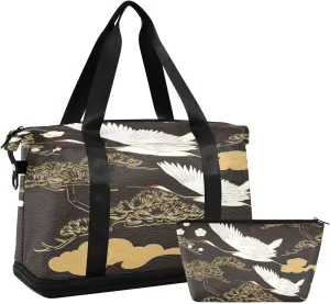 Crane Bird Travel Duffel Bag with Toiletry Bag, Large Sports Tote Gym Bag, Waterproof Packable Duffle Bag with Shoe Compartment,Weekender Overnight Bag Gym Bag for Women Men