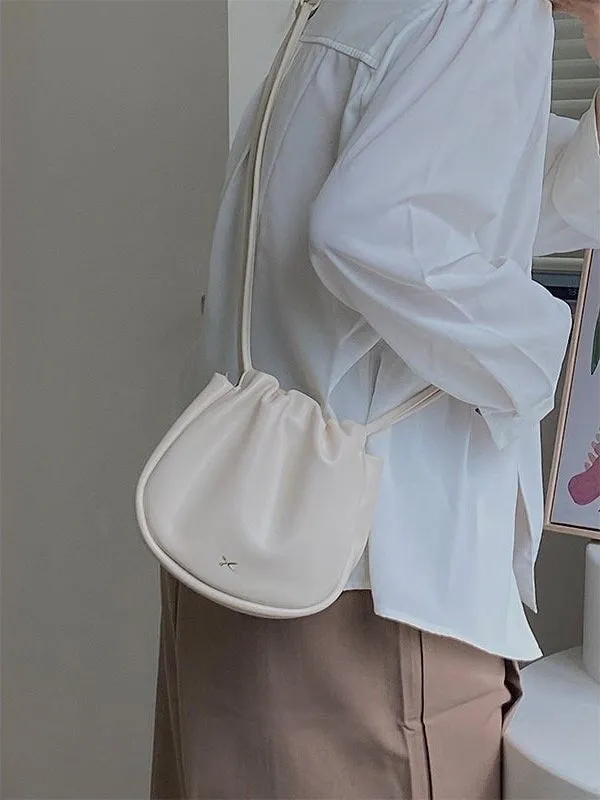 creamtopmall Cute Crossbody Sling Bag, Creamy Vegan Leather Shoukder Bag for Women, Pleated Opening Pouch Bag, Elegant Small Purse, Mininalist Handbag