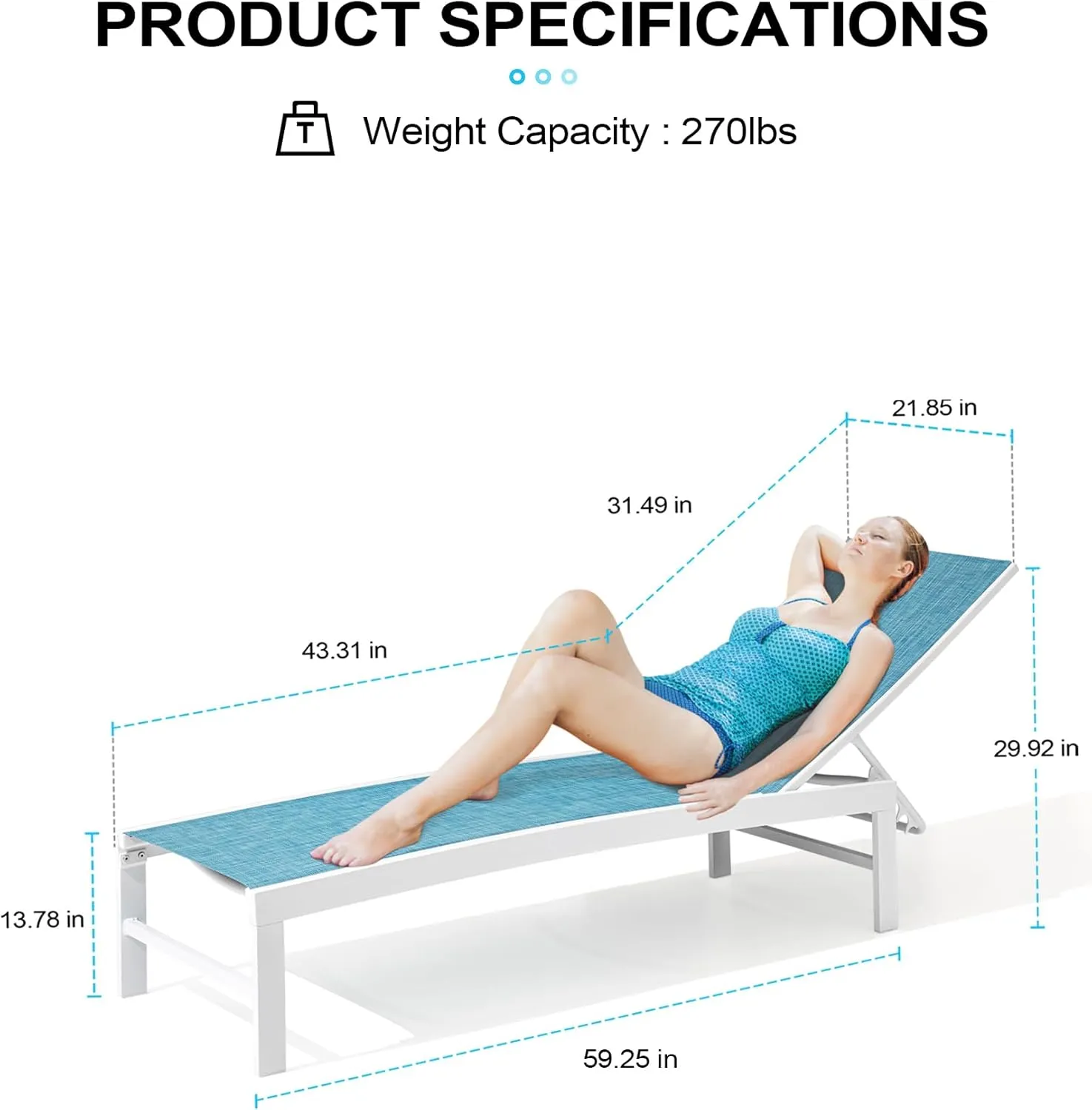 Crestlive Products Outdoor Lounge Chairs, Aluminum Pool Chaise Lounge Chairs, Adjustable Five-Position Tanning Recliner, All Weather for Patio, Beach, Yard, Pool (1PC Blue)