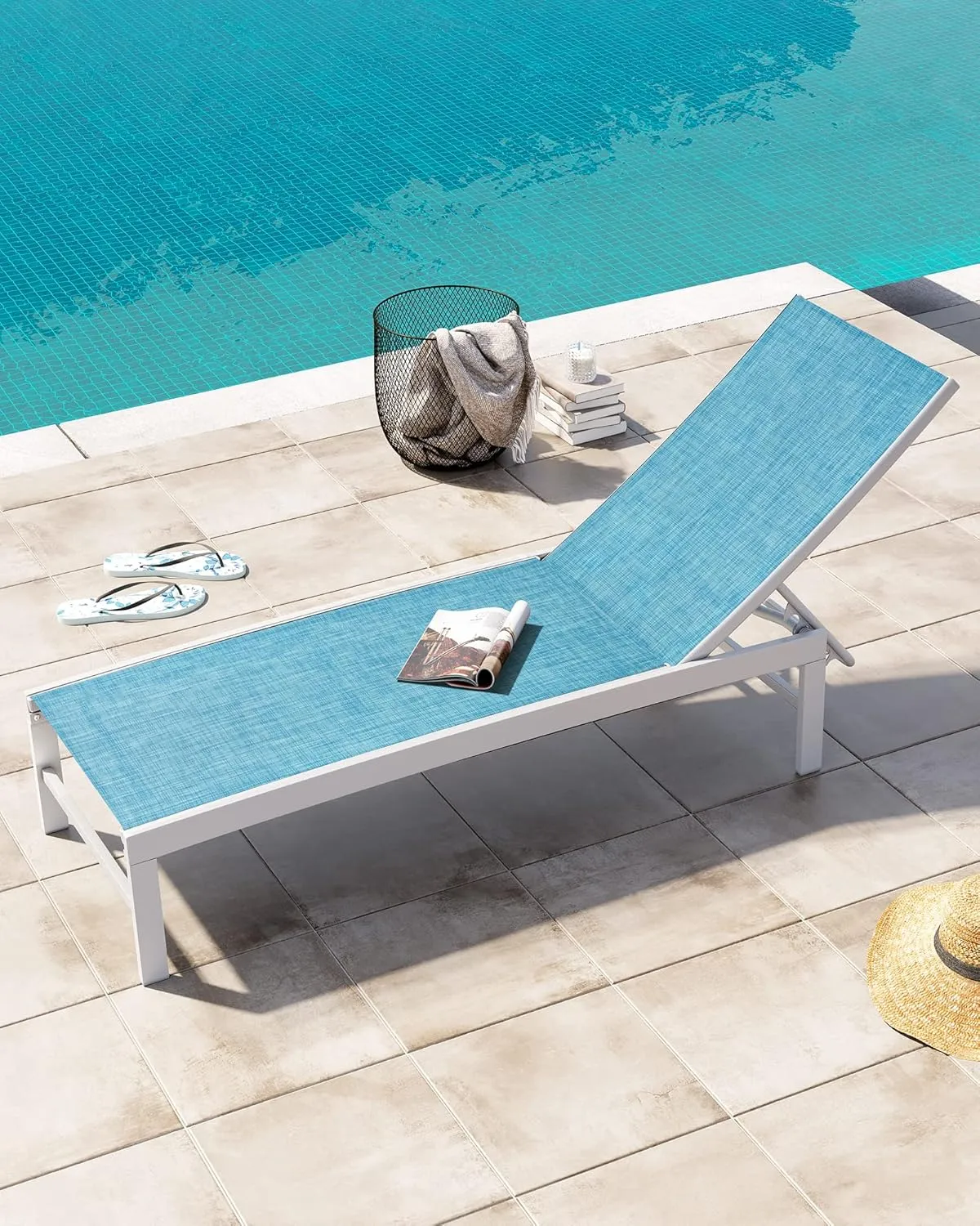 Crestlive Products Outdoor Lounge Chairs, Aluminum Pool Chaise Lounge Chairs, Adjustable Five-Position Tanning Recliner, All Weather for Patio, Beach, Yard, Pool (1PC Blue)