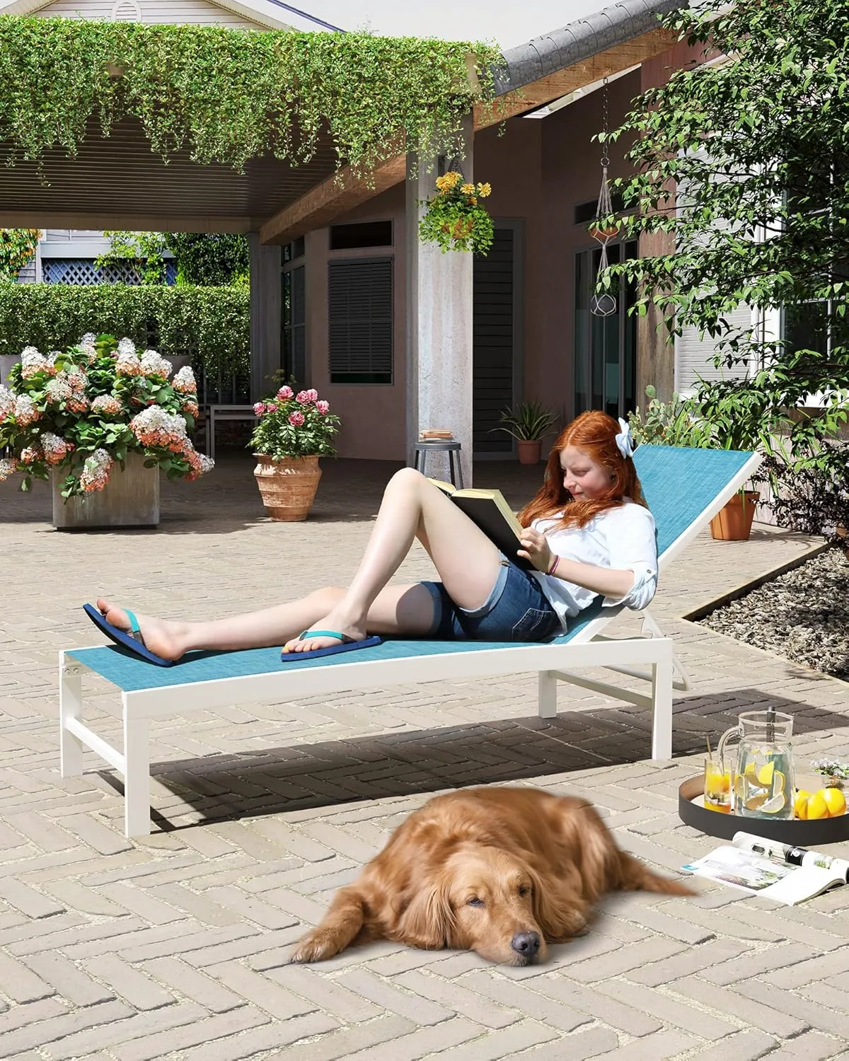 Crestlive Products Outdoor Lounge Chairs, Aluminum Pool Chaise Lounge Chairs, Adjustable Five-Position Tanning Recliner, All Weather for Patio, Beach, Yard, Pool (1PC Blue)