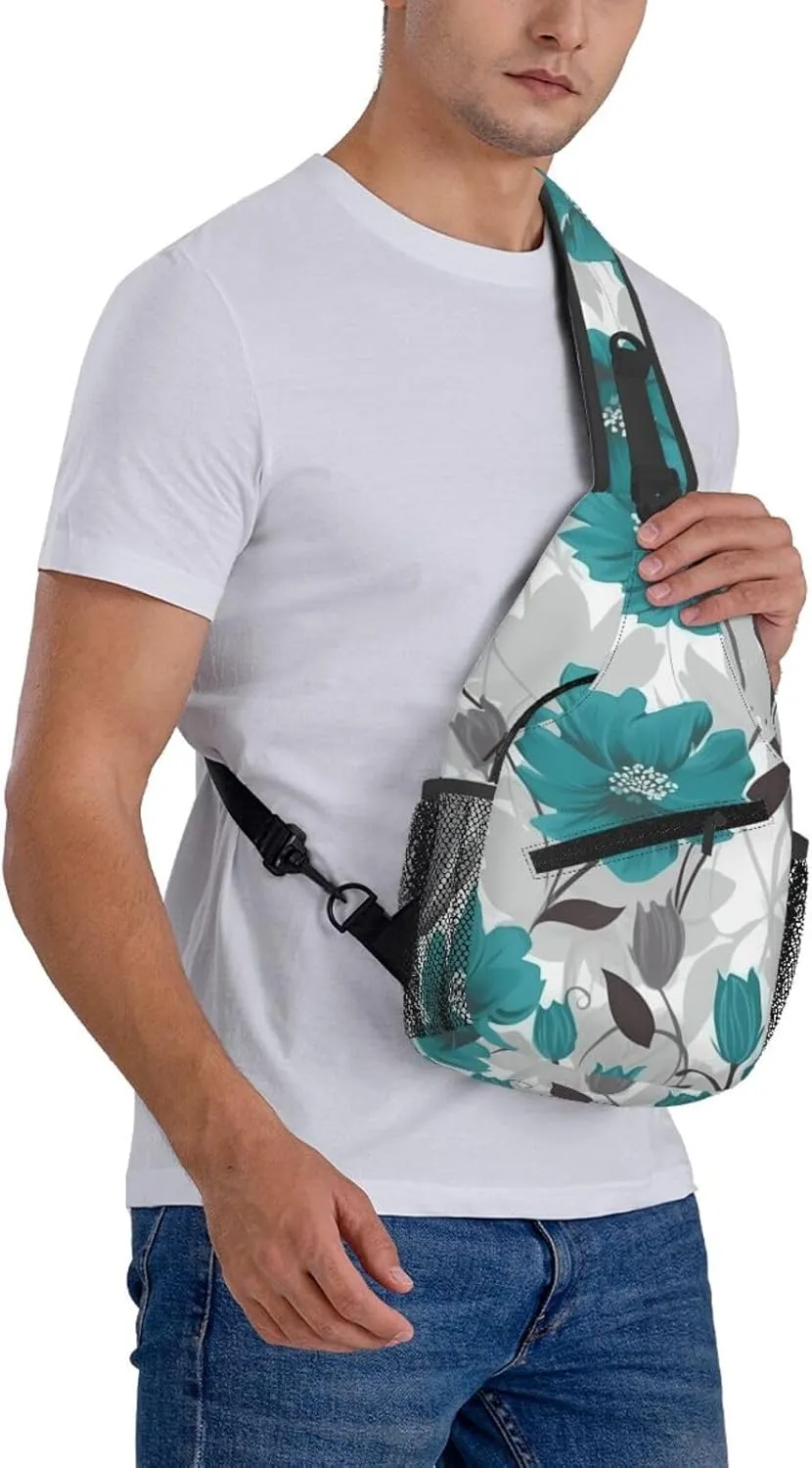 Cross Chest Bag Diagonally Sling Backpack Crossbody Shoulder Bag Turquoise Blue Gold Marble Sling Bag Travel Hiking Daypack