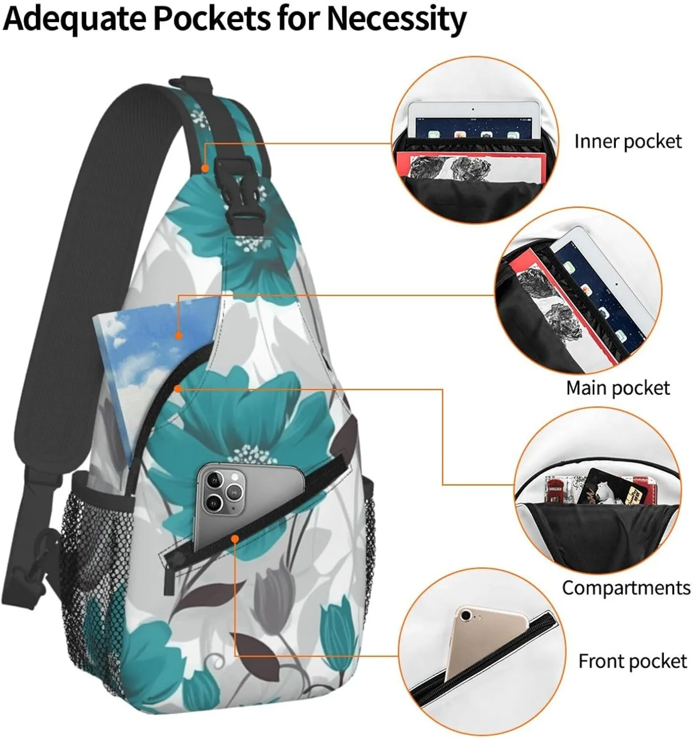 Cross Chest Bag Diagonally Sling Backpack Crossbody Shoulder Bag Turquoise Blue Gold Marble Sling Bag Travel Hiking Daypack
