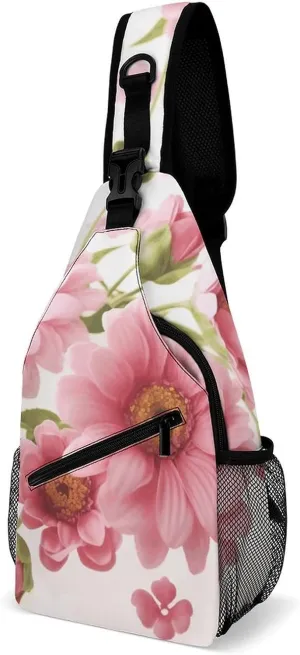 Cross Chest Bag Diagonally Sling Backpack Crossbody Shoulder Bags Pink Flowers Sling Bag Travel Hiking Daypack