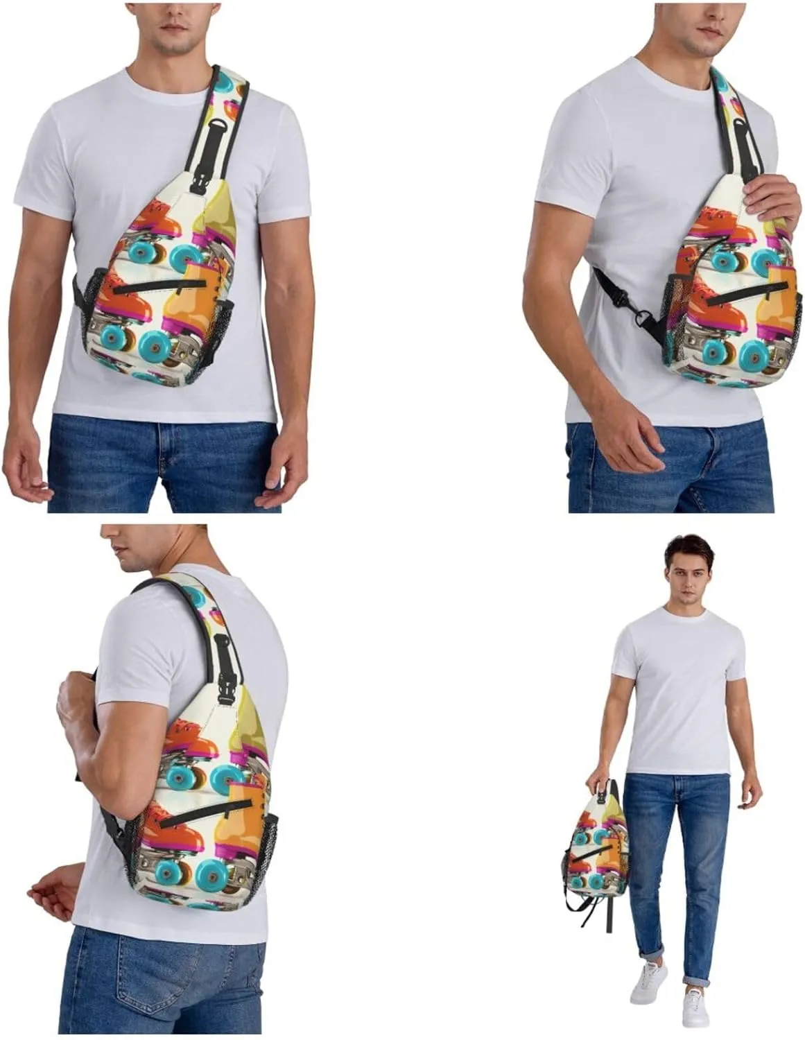 Cross Chest Bag Sling Backpack Retro Colorful Roller Skates Sling Bag Crossbody Shoulder Bag Travel Hiking Daypack