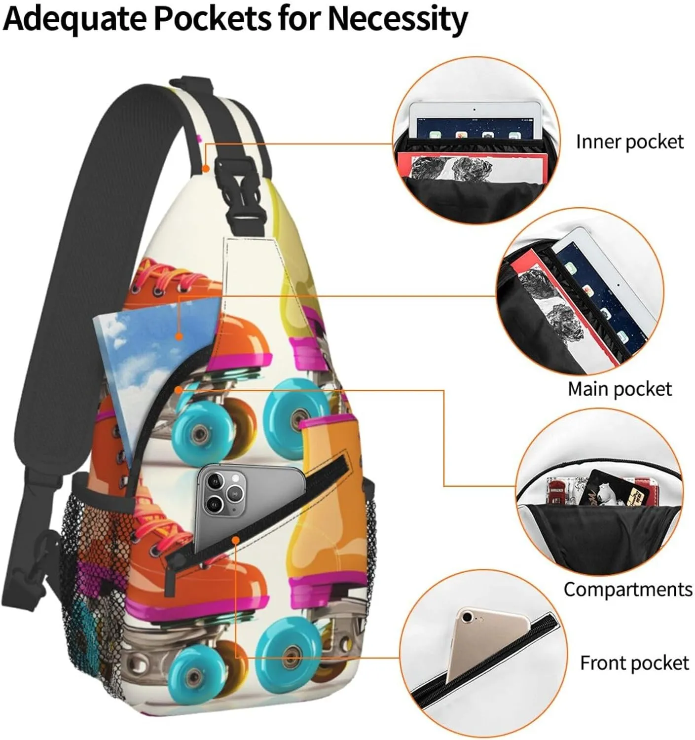 Cross Chest Bag Sling Backpack Retro Colorful Roller Skates Sling Bag Crossbody Shoulder Bag Travel Hiking Daypack