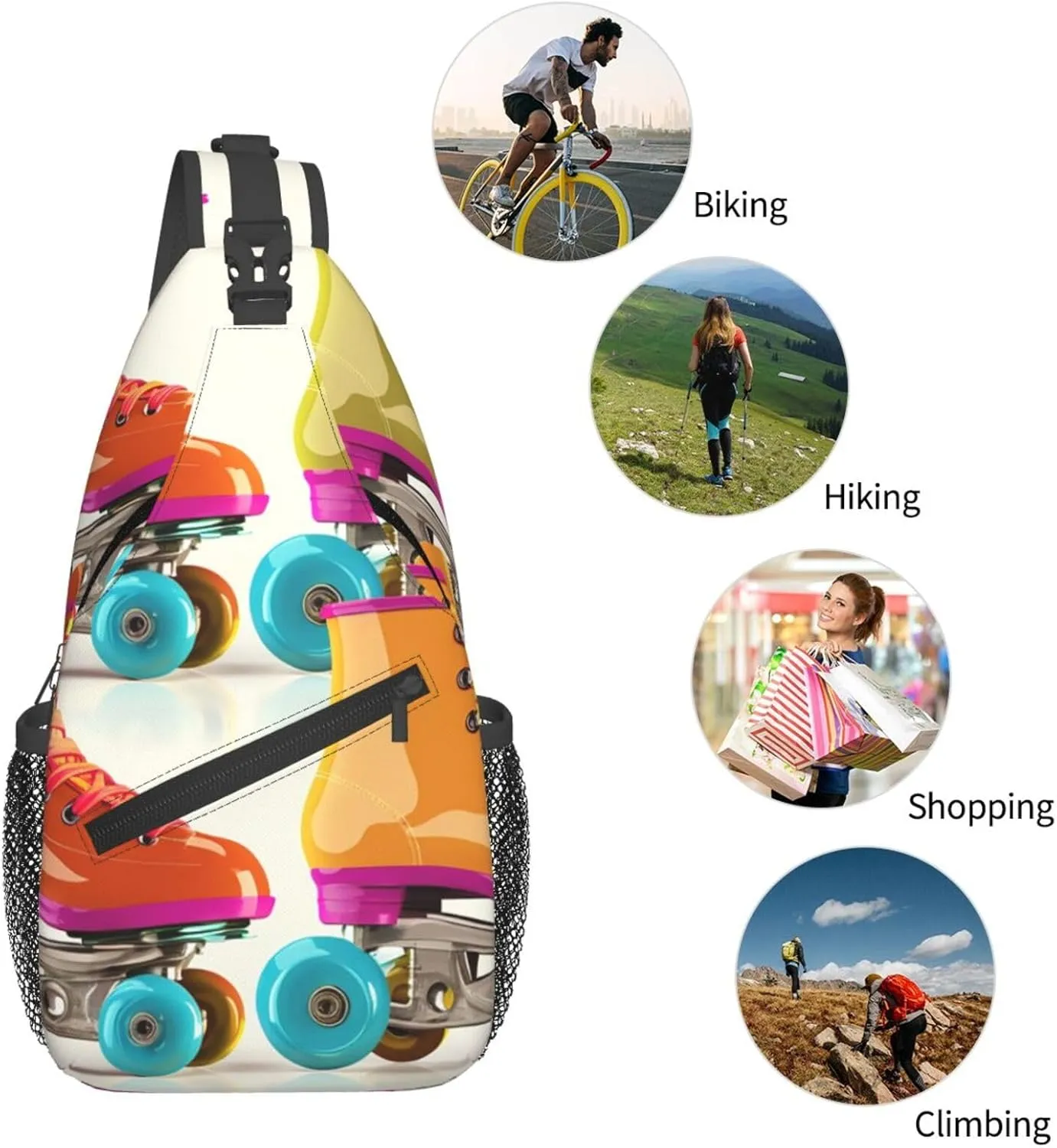 Cross Chest Bag Sling Backpack Retro Colorful Roller Skates Sling Bag Crossbody Shoulder Bag Travel Hiking Daypack