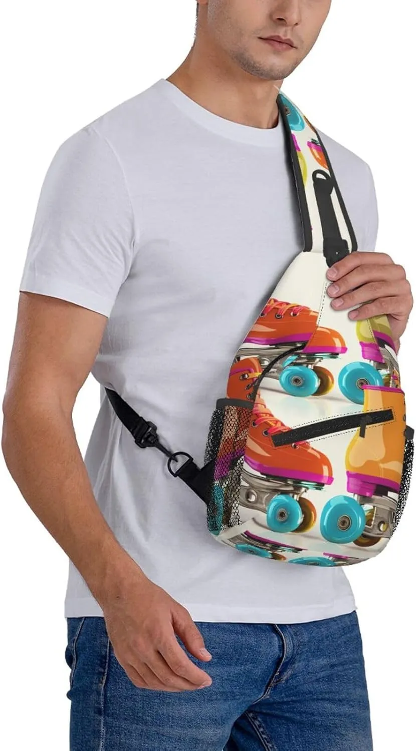 Cross Chest Bag Sling Backpack Retro Colorful Roller Skates Sling Bag Crossbody Shoulder Bag Travel Hiking Daypack