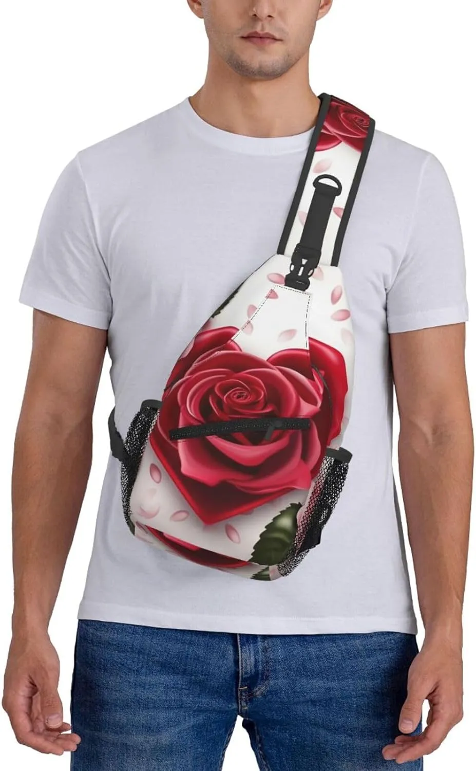 Cross Chest Bag Sling Backpack Romance Rose Flower with Heart Petal Sling Bag Crossbody Shoulder Bag Travel Hiking Daypack