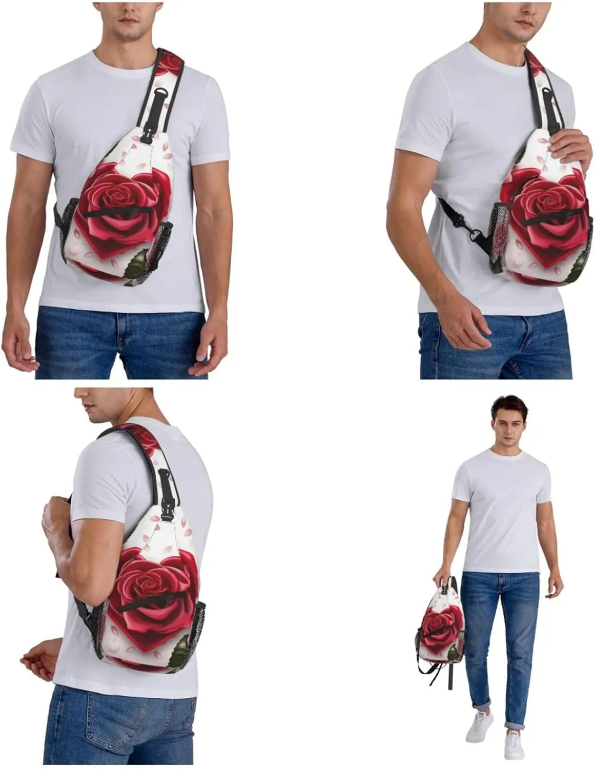 Cross Chest Bag Sling Backpack Romance Rose Flower with Heart Petal Sling Bag Crossbody Shoulder Bag Travel Hiking Daypack