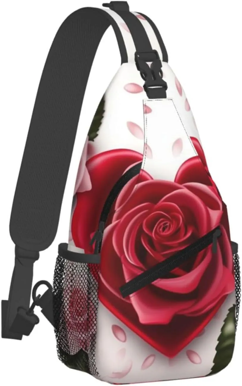 Cross Chest Bag Sling Backpack Romance Rose Flower with Heart Petal Sling Bag Crossbody Shoulder Bag Travel Hiking Daypack