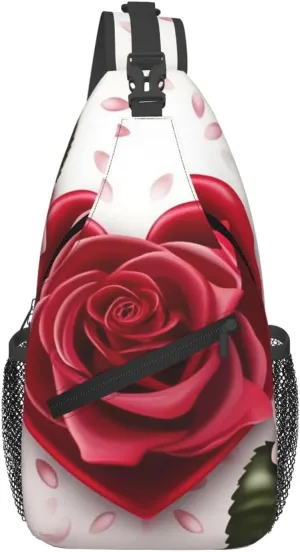 Cross Chest Bag Sling Backpack Romance Rose Flower with Heart Petal Sling Bag Crossbody Shoulder Bag Travel Hiking Daypack